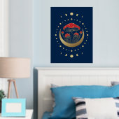 赤と金ゴールドの魔法キノコ、三日月の青 箔ポスター (インサイチュ (寝室))