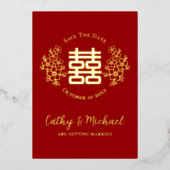 赤と金ゴールドの2倍の幸せフローラは日付を保存 箔招待状 (正面)
