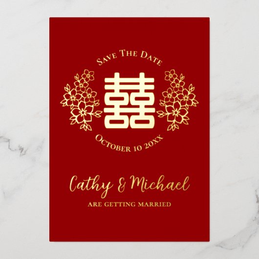 赤と金ゴールドの2倍の幸せフローラは日付を保存 箔招待状 (正面)