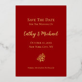 赤と金ゴールドの2倍の幸せフローラは日付を保存 箔招待状 (裏面)