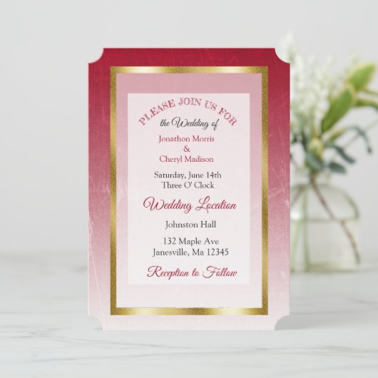 赤と金ゴールドをテーマにした結婚式の招待 招待状 (スタンド正面)