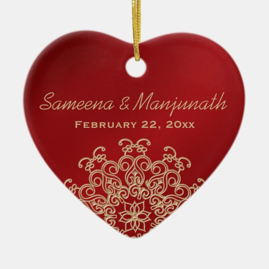 赤と金ゴールドインディアンスタイルウェディングパーティーの好意 セラミックオーナメント (正面)