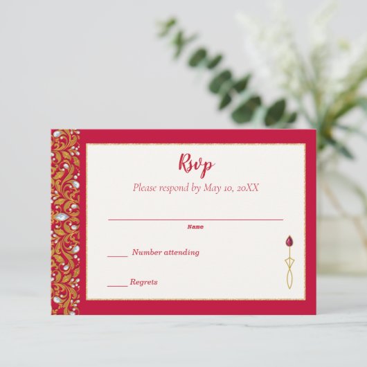 赤と金ゴールドインディアンヒンドゥー華美ウェディングRSVP 出欠カード (スタンド正面)