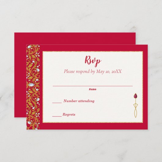 赤と金ゴールドインディアンヒンドゥー華美ウェディングRSVP 出欠カード (正面/裏面)