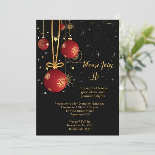 赤と金ゴールドエレガントのクリスマス(黒のパーティー) 招待状 (スタンド正面)