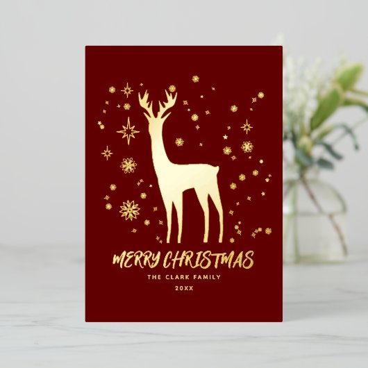 赤と金ゴールドエレガントのトナカイのメリークリスマス 箔シーズンカード (立ち正面)