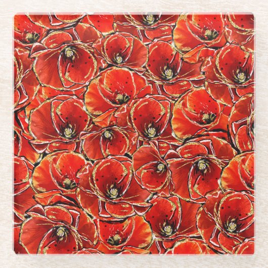 赤と金ゴールドエレガントグリッター思い出のポピーたち ガラスコースター (正面)