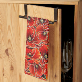 赤と金ゴールドエレガントグリッター思い出のポピーたち キッチンタオル