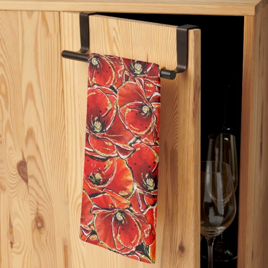 赤と金ゴールドエレガントグリッター思い出のポピーたち キッチンタオル (三つ折り)