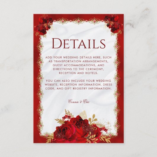 赤と金ゴールドエレガントフローラ結婚の詳細 エンクロージャーカード (正面)