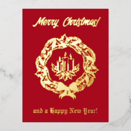 赤と金ゴールドカスタム文字リースキャンドルクリスマス 箔シーズンポストカード