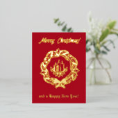 赤と金ゴールドカスタム文字リースキャンドルクリスマス 箔シーズンポストカード (立ち正面)