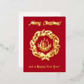 赤と金ゴールドカスタム文字リースキャンドルクリスマス 箔シーズンポストカード (正面/裏面)