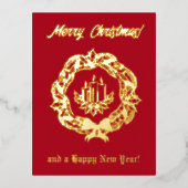 赤と金ゴールドカスタム文字リースキャンドルクリスマス 箔シーズンポストカード (正面)
