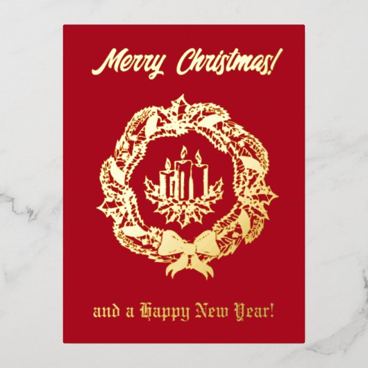 赤と金ゴールドカスタム文字リースキャンドルクリスマス 箔シーズンポストカード (正面)