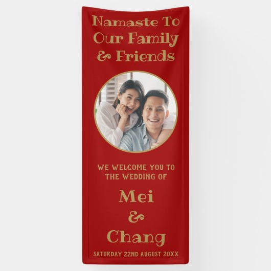 赤と金ゴールドカップルの結婚写真の歓迎 横断幕 (縦)