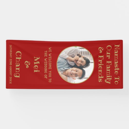 赤と金ゴールドカップルの結婚写真の歓迎 横断幕 (横)