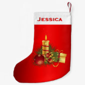 赤と金ゴールドキャンドルクリスマスの名前 スモールクリスマスストッキング (裏面)