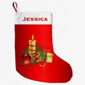 赤と金ゴールドキャンドルクリスマスの名前 スモールクリスマスストッキング (正面)