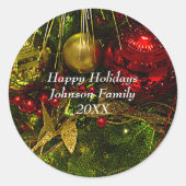 赤と金ゴールドクリスマスオーナメントクリスマスツリーステッカー ラウンドシール (正面)