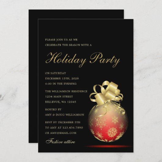 赤と金ゴールドクリスマスオーナメントホリデーパーティー 招待状 (正面/裏面)