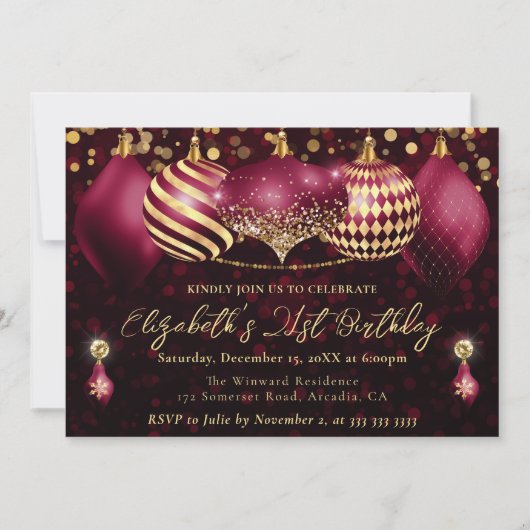 赤と金ゴールドクリスマスバウブル21st誕生日 招待状 (正面)