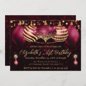 赤と金ゴールドクリスマスバウブル21st誕生日 招待状 (正面/裏面)