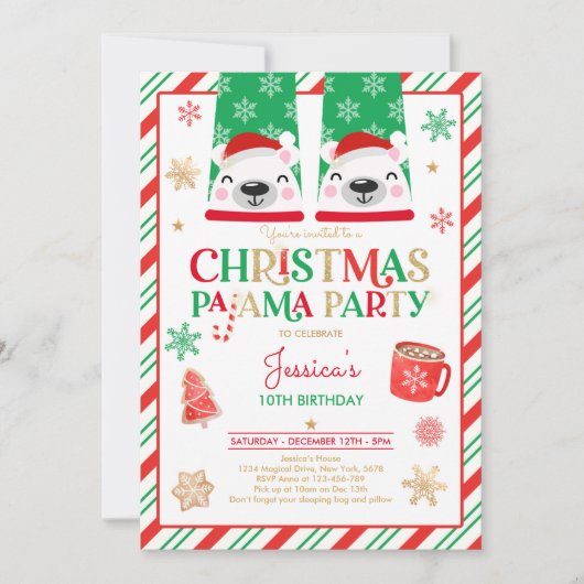 赤と金ゴールドクリスマスパジャマ誕生日パーティー 招待状 (正面)