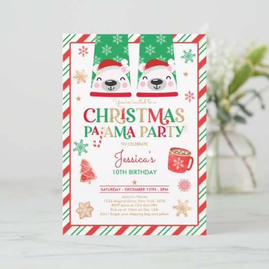 赤と金ゴールドクリスマスパジャマ誕生日パーティー 招待状 (スタンド正面)