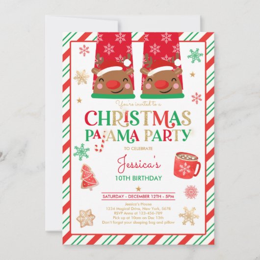 赤と金ゴールドクリスマスパジャマ誕生日パーティー 招待状 (正面)