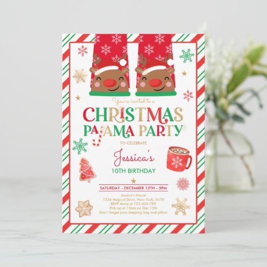 赤と金ゴールドクリスマスパジャマ誕生日パーティー 招待状 (スタンド正面)