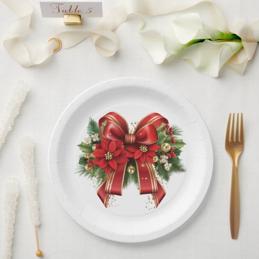 赤と金ゴールドクリスマスボウフェスティバル ペーパープレート (ウェディング)