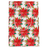 赤と金ゴールドクリスマスポインセチア模様 ミディアムペーパーバッグ (正面)