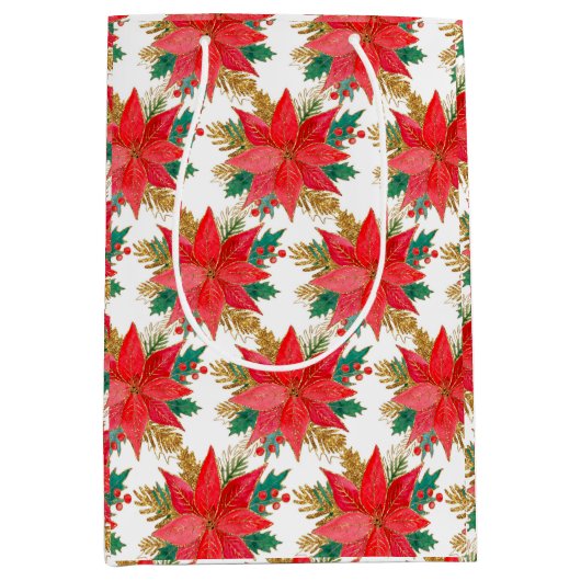 赤と金ゴールドクリスマスポインセチア模様 ミディアムペーパーバッグ (正面)