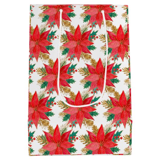 赤と金ゴールドクリスマスポインセチア模様 ミディアムペーパーバッグ (裏面)