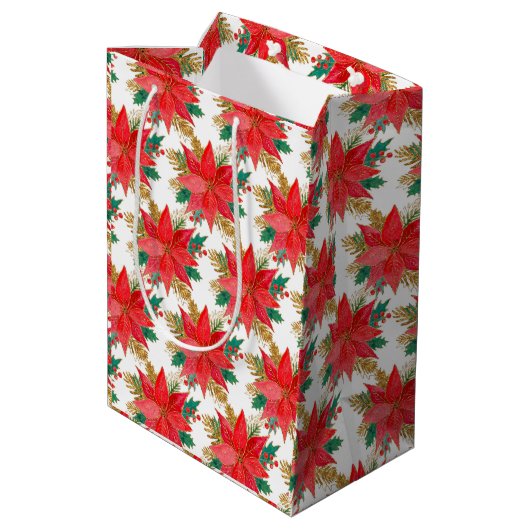 赤と金ゴールドクリスマスポインセチア模様 ミディアムペーパーバッグ (裏面アングル)