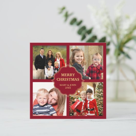 赤と金ゴールドクリスマス4の正方形の写真コラージュ シーズンカード (スタンド正面)