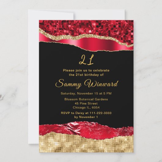 赤と金ゴールドグラムティアーズバースデーパーティー 招待状 (正面)