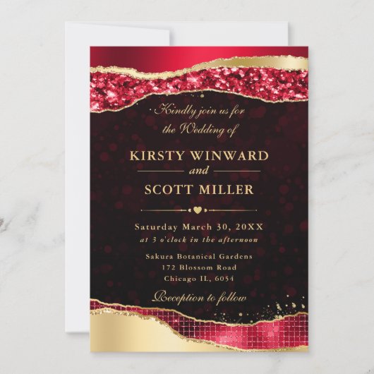 赤と金ゴールドグラムティアーズ結婚《写真》ぼけ味 招待状 (正面)