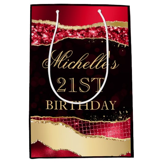 赤と金ゴールドグラムティアーズ《写真》ぼけ味誕生日パーティー ミディアムペーパーバッグ (正面)