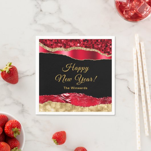 赤と金ゴールドグラムティアーハッピーニューイヤー スタンダードカクテルナプキン (インサイチュ)