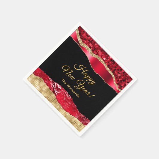 赤と金ゴールドグラムティアーハッピーニューイヤー スタンダードカクテルナプキン (角)