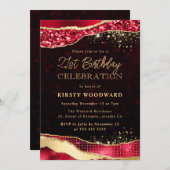赤と金ゴールドグリッターグラムティアーズ21歳の誕生日 招待状 (正面/裏面)