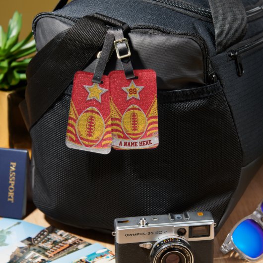 赤と金ゴールドグリッタースクールサッカーチームカラー ラゲッジタグ (正面&裏面)