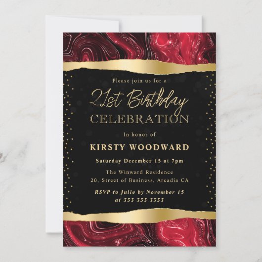 赤と金ゴールドグリッターストラタ21歳の誕生日 招待状 (正面)