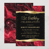 赤と金ゴールドグリッターストラタ21歳の誕生日 招待状 (正面/裏面)