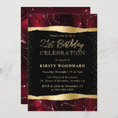 赤と金ゴールドグリッターストラタ21歳の誕生日 招待状 (正面/裏面)