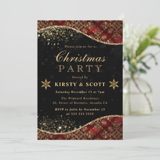 赤と金ゴールドグリッターダマスククリスマスパーティー 招待状 (スタンド正面)