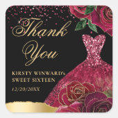 赤と金ゴールドグリッタードレスグラムバラスウィート16 スクエアシール (正面)