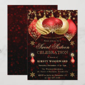 赤と金ゴールドグリッターバウブルSweet sixteen 招待状 (正面/裏面)